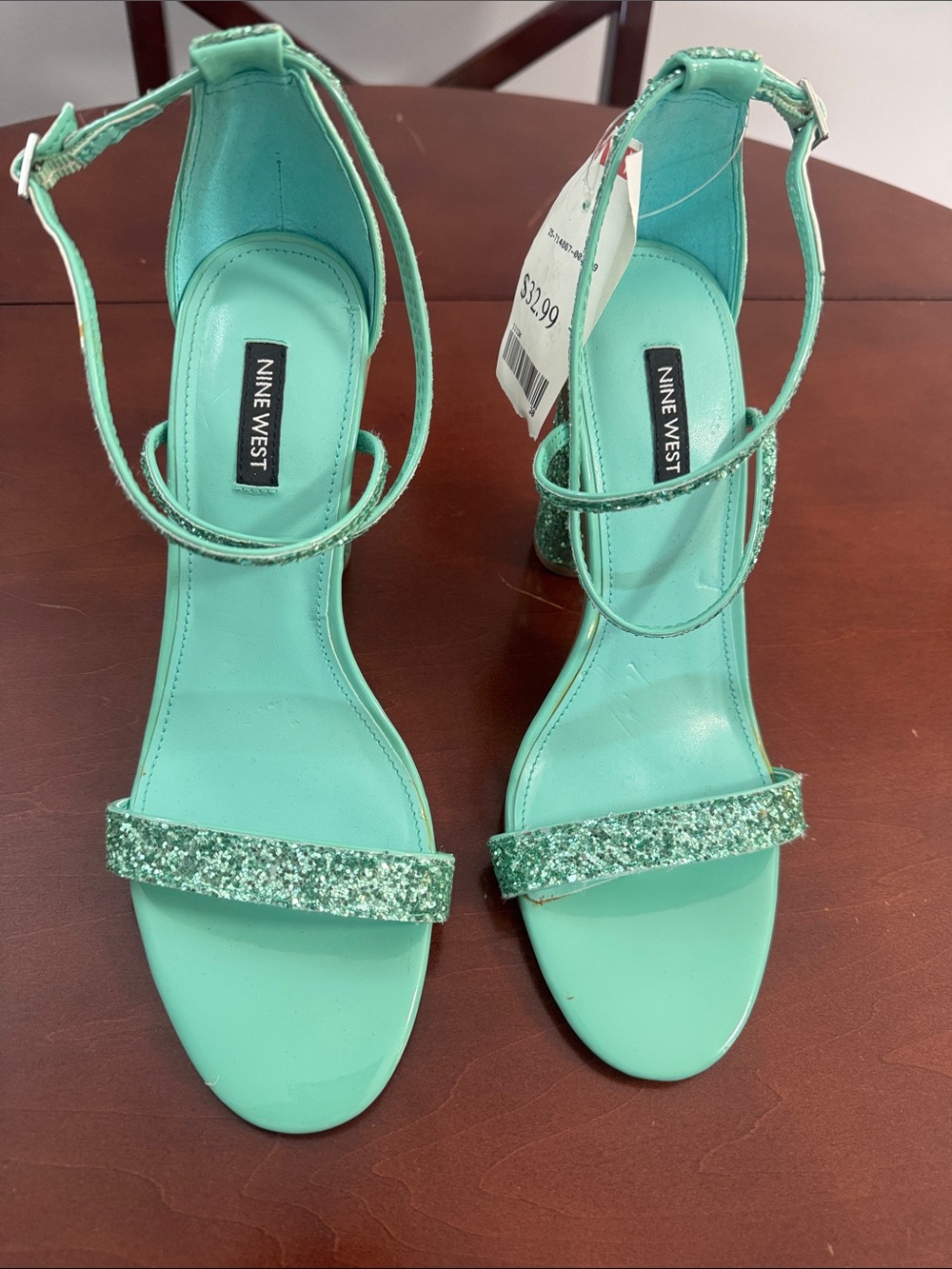 NWT Nine West Mint Green Glitter Ankle-Strap Heels. Size 8.5 M